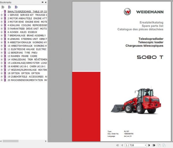 Weidemann Telescopic Loader 5080 T RL70T Spare Parts List ENDEFR 1