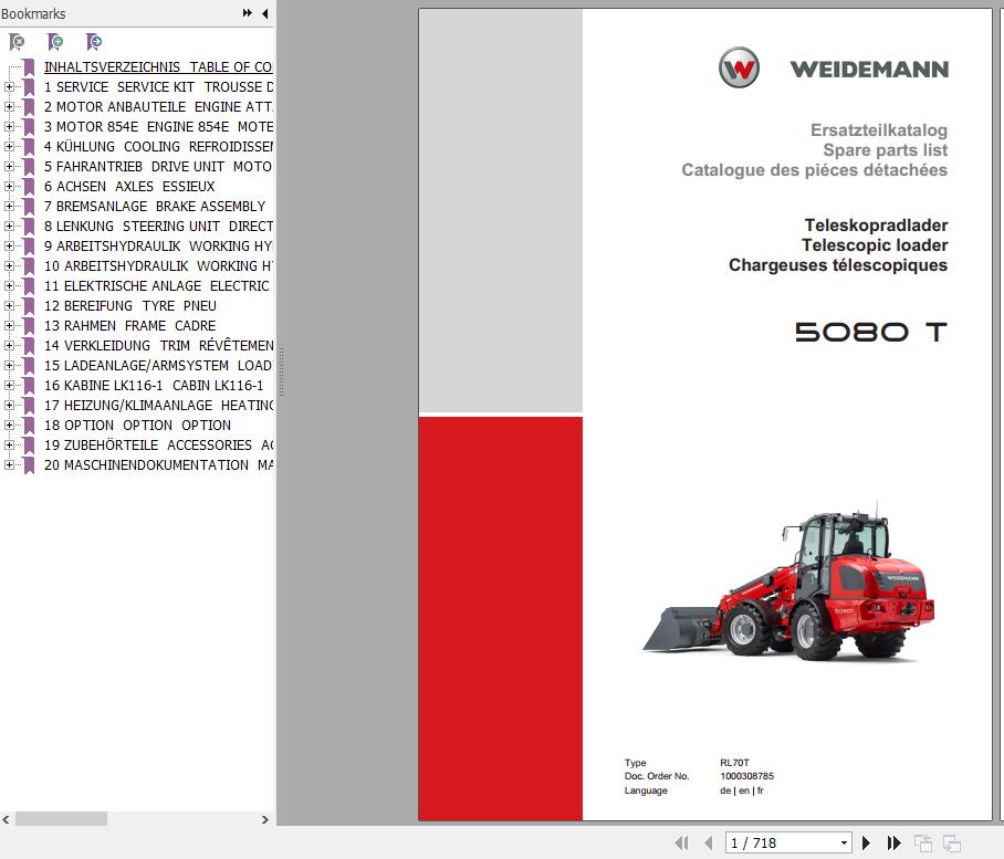 Weidemann Telescopic Loader 5080 T RL70T Spare Parts List ENDEFR 1