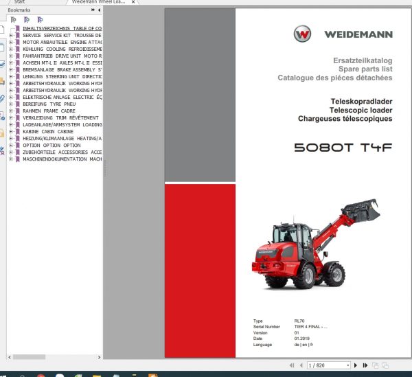 Weidemann Telescopic Loader 5080T T4F RL70 1.0 Spare Parts List DEFREN 1