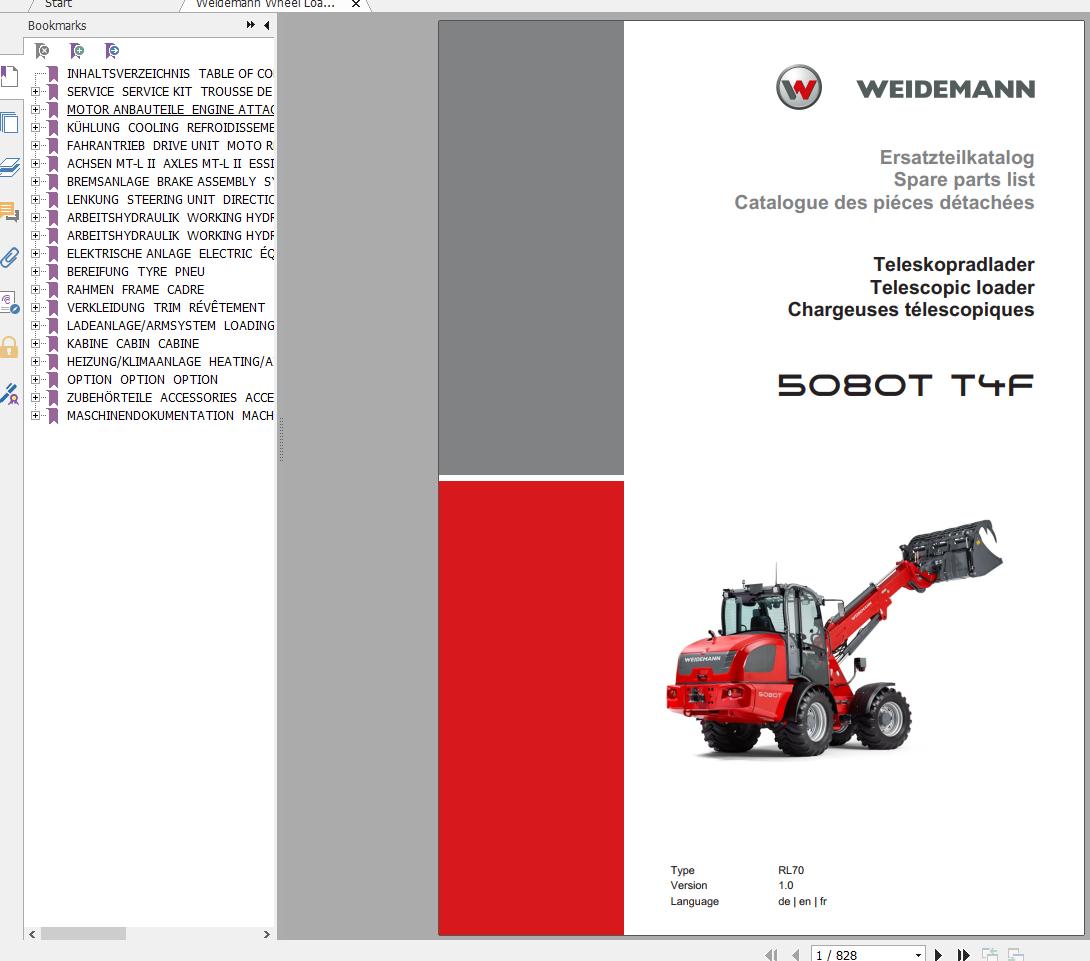 Weidemann Telescopic Loader 5080T T4F RL70 1.0 Spare Parts List DEFREN 2019 1