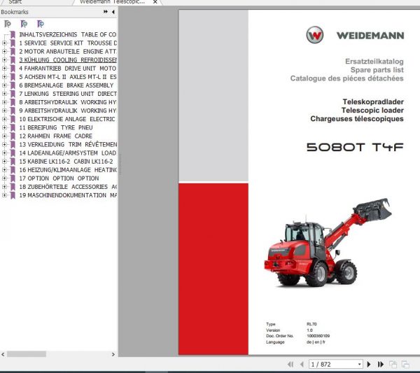 Weidemann Telescopic Loader 5080T T4F RL70 1.0 Spare Parts List ENDEFR 1