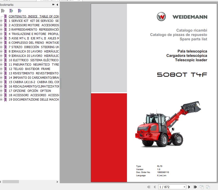 Weidemann Telescopic Loader 5080T T4F RL70 1.0 Spare Parts List ENITES 1