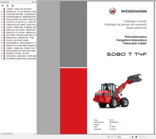 Weidemann Telescopic Loader 5080T T4F RL70 1.0 Spare Parts List ITESEN 1