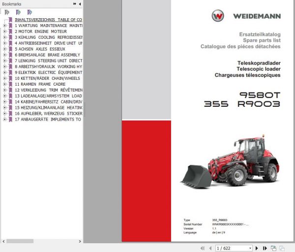Weidemann Telescopic Loader 9580T 355 R9003 355 R9003 1.1 Spare Parts List ENDEFR 1