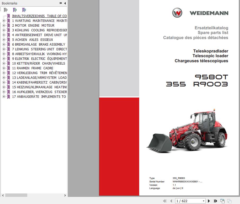 Weidemann Telescopic Loader 9580T 355 R9003 355 R9003 1.1 Spare Parts List ENDEFR 1