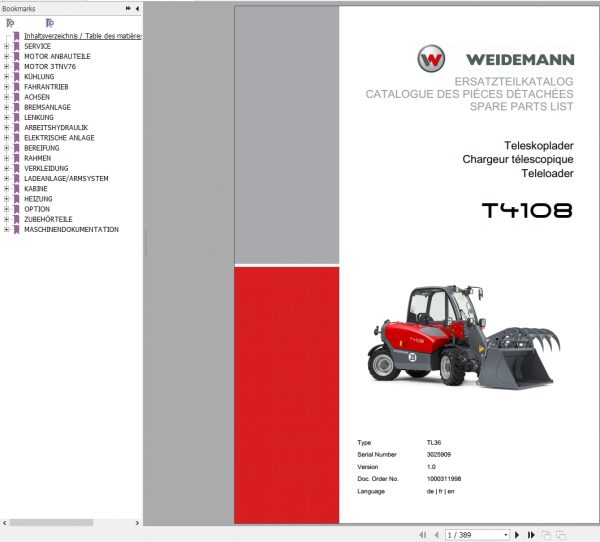 Weidemann Telescopico T4108 TL36 1.0 Spare Parts List DEFREN 1