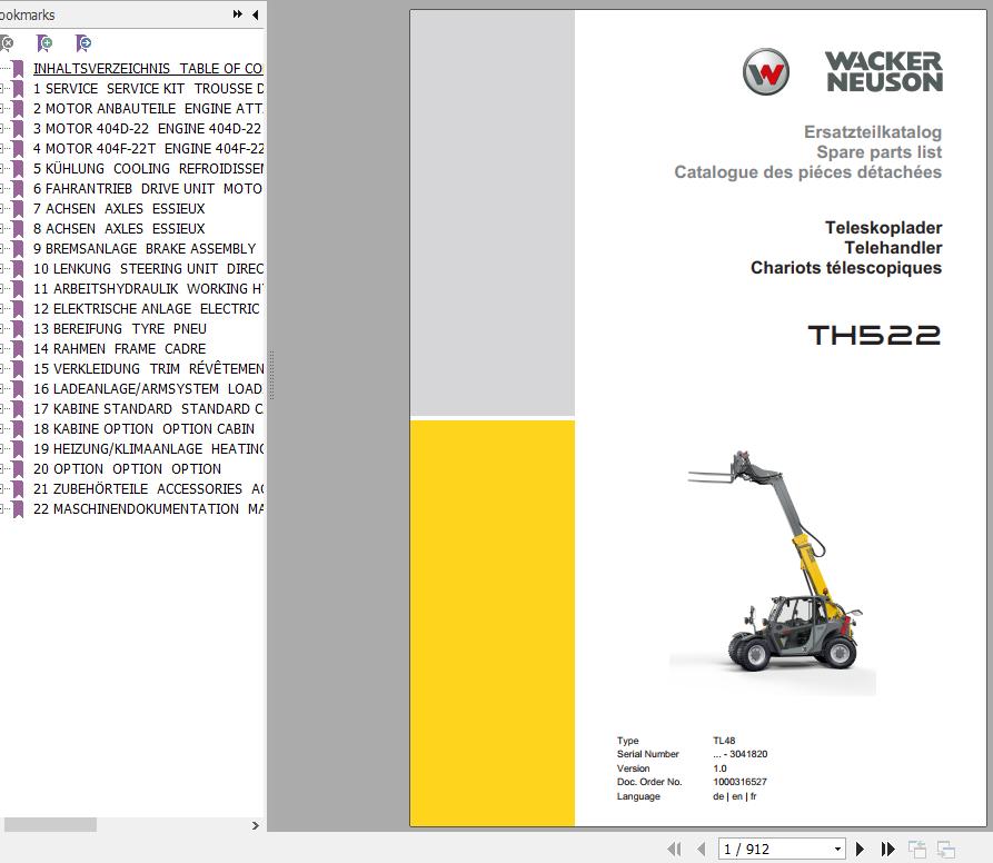 Weidemann Wacker Neuson Telehandler TH522 TL48 1.0 Spare Parts List ENDEFR 1