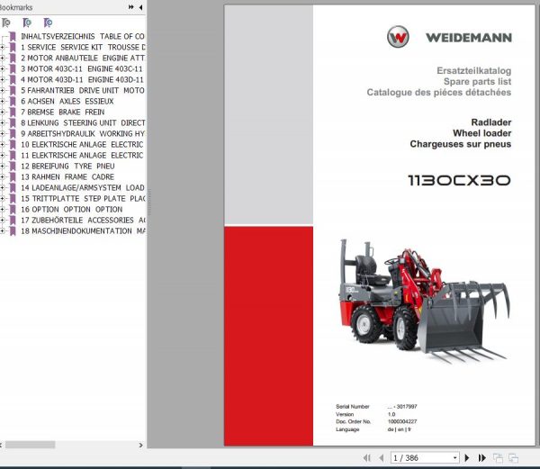 Weidemann Wheel Loader 1130CX30 1.0 Spare Parts List ENDEFR 1