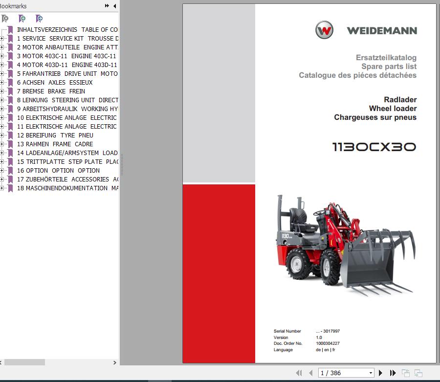 Weidemann Wheel Loader 1130CX30 1.0 Spare Parts List ENDEFR 1