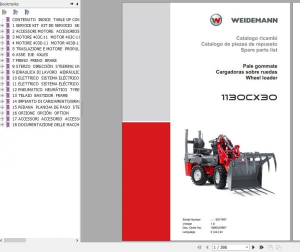 Weidemann Wheel Loader 1130CX30 1.0 Spare Parts List ENITES 1