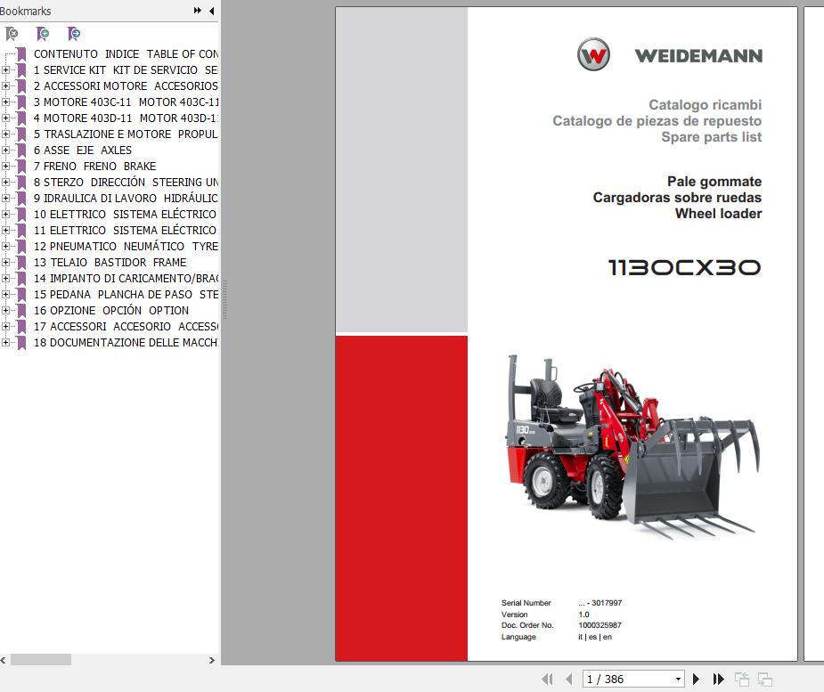 Weidemann Wheel Loader 1130CX30 1.0 Spare Parts List ENITES 1