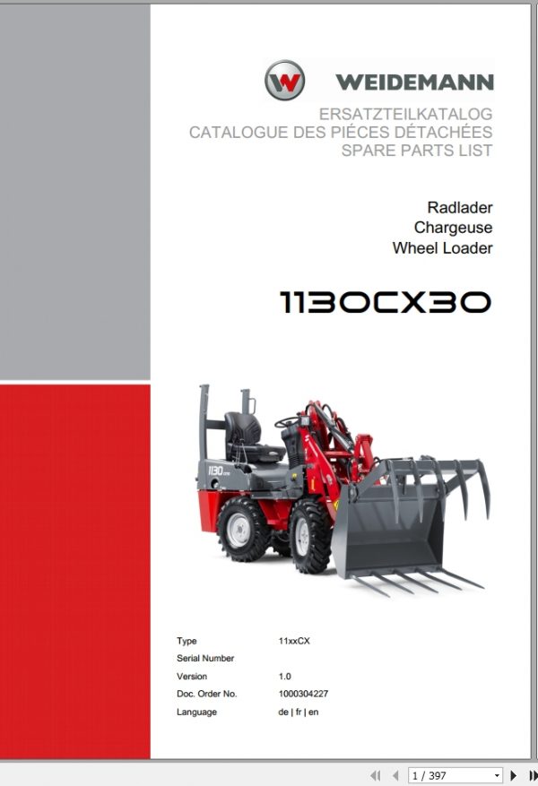 Weidemann Wheel Loader 1130CX30 11xxCX 1.0 Spare Parts List DEFREN 1