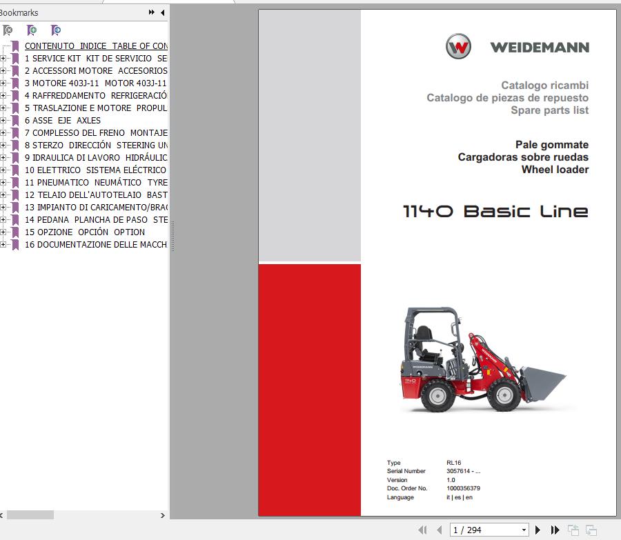 Weidemann Wheel Loader 1140 Basic Line RL16 1.0 3057614 Spare Parts List ENITES 1