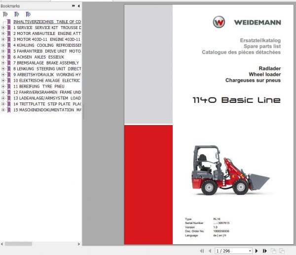 Weidemann Wheel Loader 1140 Basic Line RL16 1.0 Spare Parts List ENDEFR 1