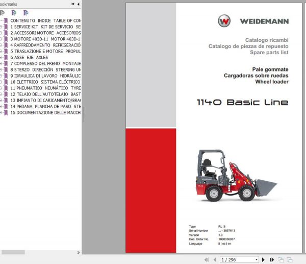 Weidemann Wheel Loader 1140 Basic Line RL16 1.0 Spare Parts List ENITES 1