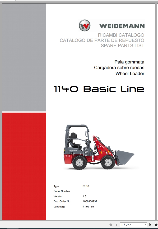 Weidemann Wheel Loader 1140 Basic Line RL16 1.0 Spare Parts List ITESEN 1