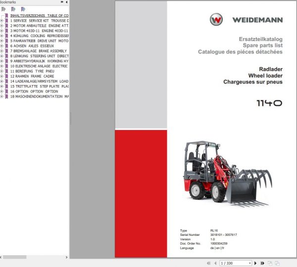 Weidemann Wheel Loader 1140 RL16 1.0 Spare Parts List ENDEFR 1