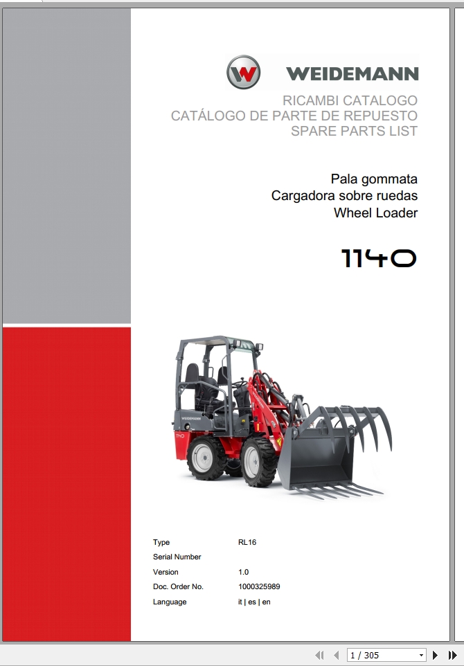 Weidemann Wheel Loader 1140 RL16 1.0 Spare Parts List ITESEN 1