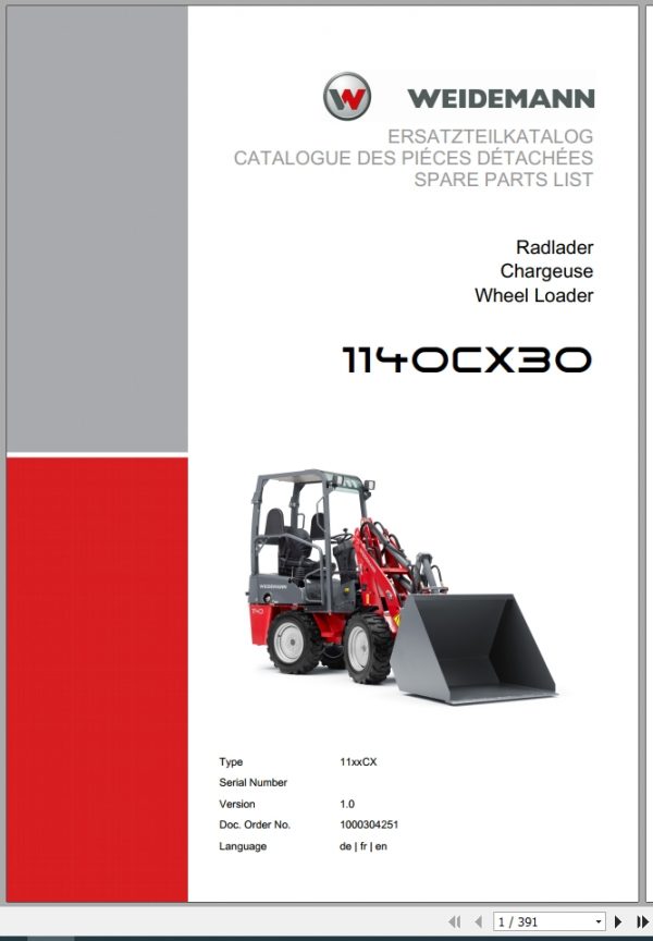 Weidemann Wheel Loader 1140CX30 11xxCX 1.0 Spare Parts List DEFREN 1