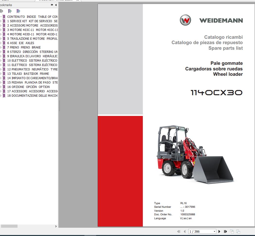 Weidemann Wheel Loader 1140CX30 RL16 1.0 Spare Parts List ENITES 1