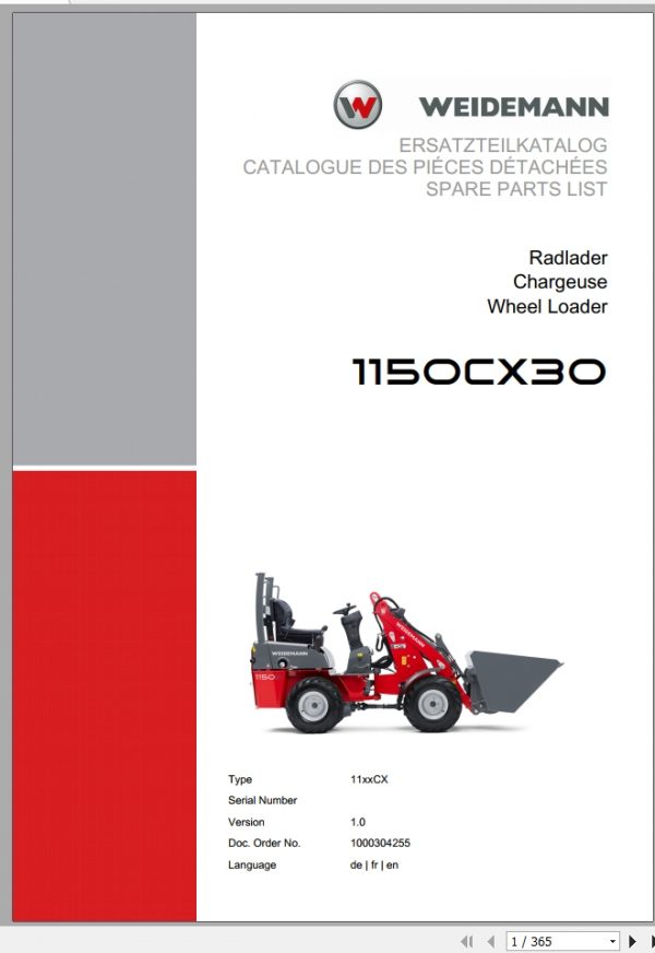 Weidemann Wheel Loader 1150CX30 11xxCX 1.0 Spare Parts List DEFREN 1