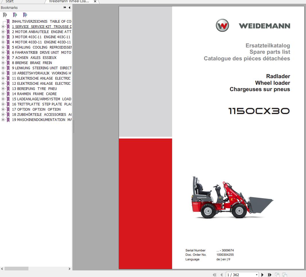 Weidemann Wheel Loader 1150CX30 Spare Parts List ENDEFR 1