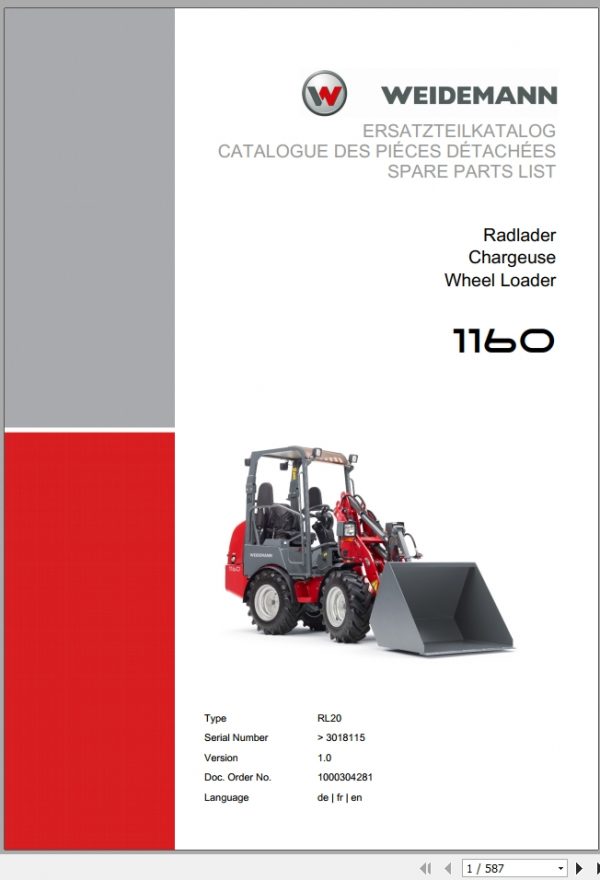 Weidemann Wheel Loader 1160 RL20 1.0 Spare Parts List DEFREN 1