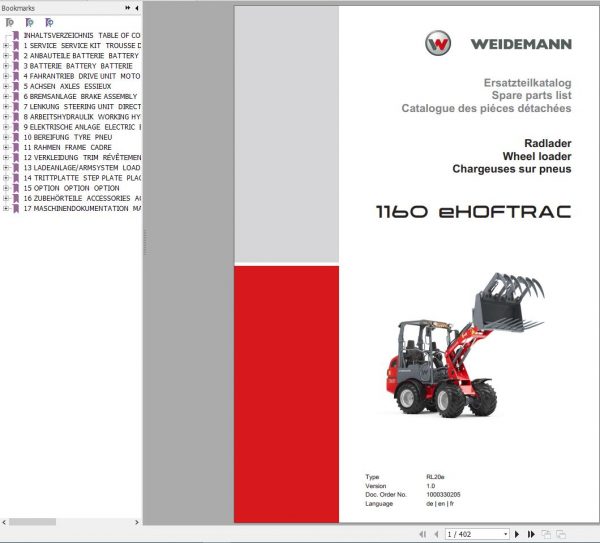 Weidemann Wheel Loader 1160 eHOFTRAC RL20e 1.0 Spare Parts List ENDEFR 1