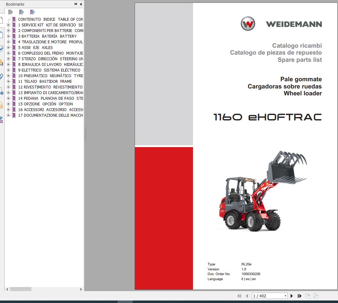 Weidemann Wheel Loader 1160 eHOFTRAC RL20e 1.0 Spare Parts List ENITES 1