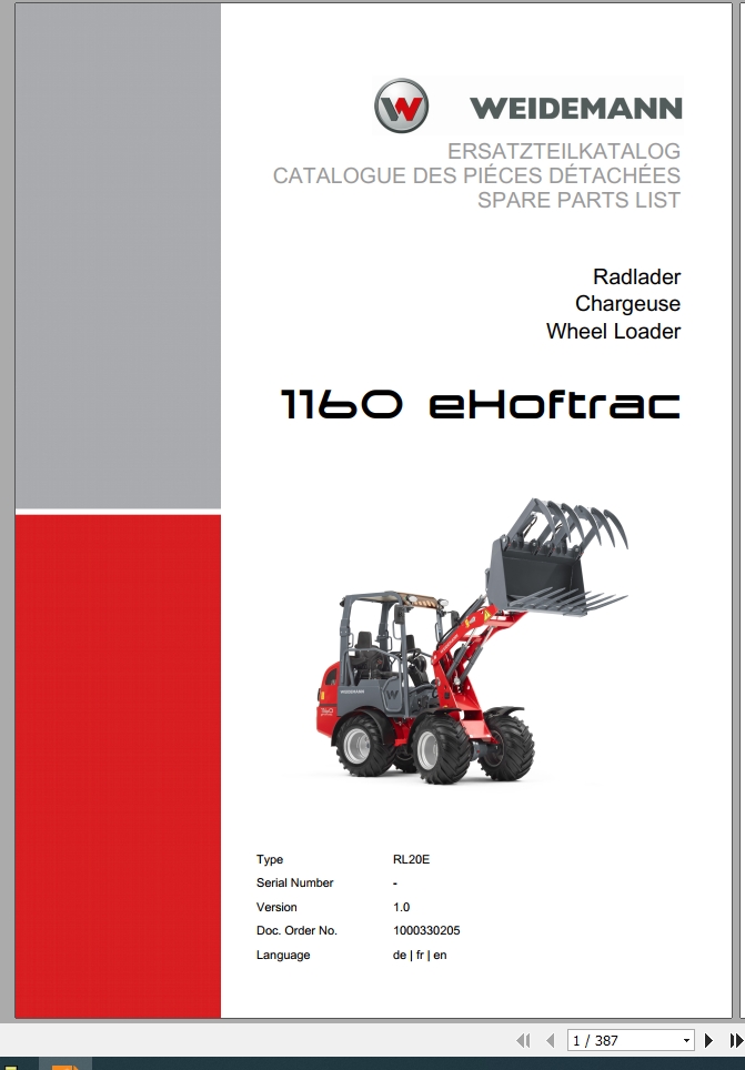 Weidemann Wheel Loader 1160 eHoftrac RL20E 1.0 Spare Parts List DEFREN 1