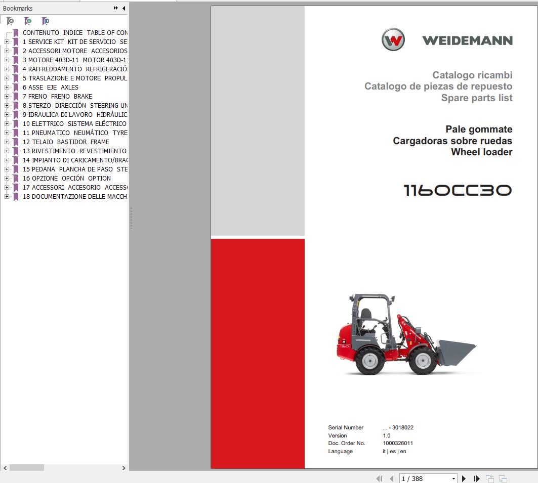 Weidemann Wheel Loader 1160CC30 1.0 Spare Parts List ENITES 1