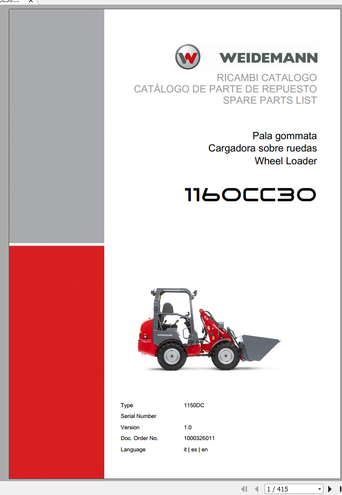 Weidemann Wheel Loader 1160CC30 1150DC 1.0 Spare Parts List ITESEN 1