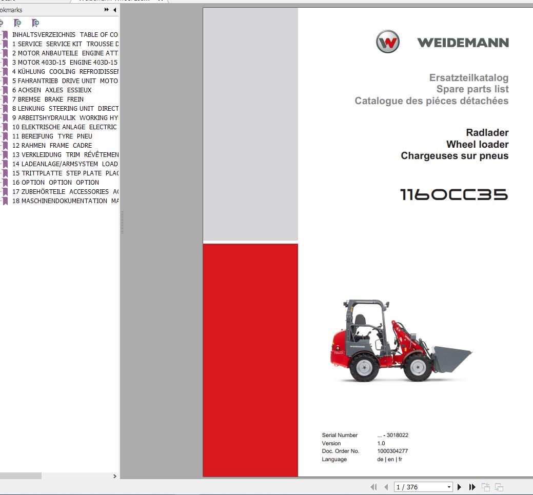 Weidemann Wheel Loader 1160CC35 1.0 Spare Parts List ENDEFR 1