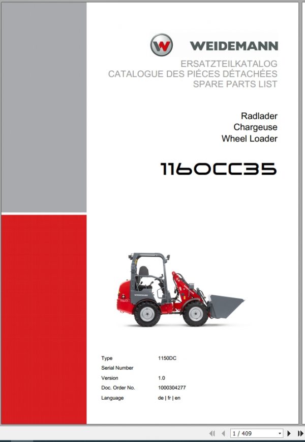 Weidemann Wheel Loader 1160CC35 1150DC 1.0 Spare Parts List DEFREN 1