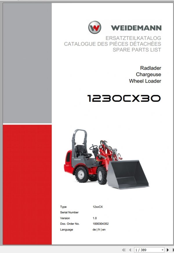 Weidemann Wheel Loader 1230CX30 12xxCX 1.0 Spare Parts List DEFREN 1