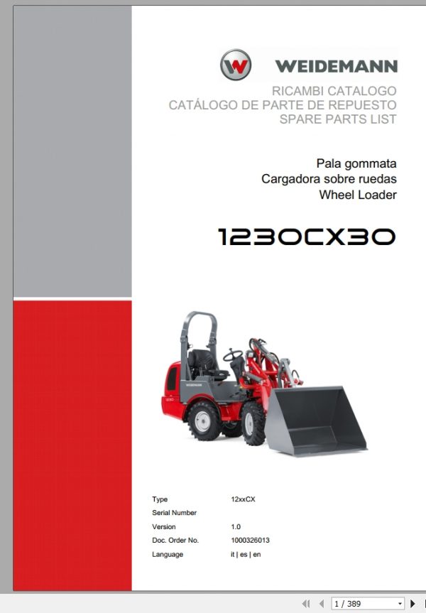 Weidemann Wheel Loader 1230CX30 12xxCX 1.0 Spare Parts List ITESEN 1