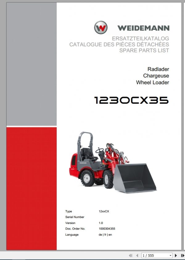 Weidemann Wheel Loader 1230CX35 12xxCX 1.0 Spare Parts List DEFREN 1
