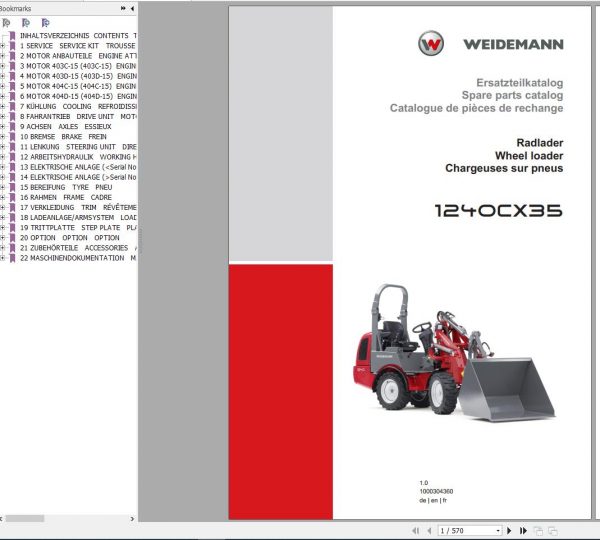 Weidemann Wheel Loader 1240CX35 1.0 Spare Parts List ENDEFR 1