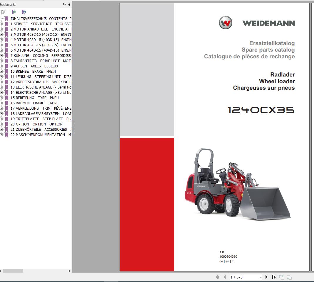 Weidemann Wheel Loader 1240CX35 1.0 Spare Parts List ENDEFR 1