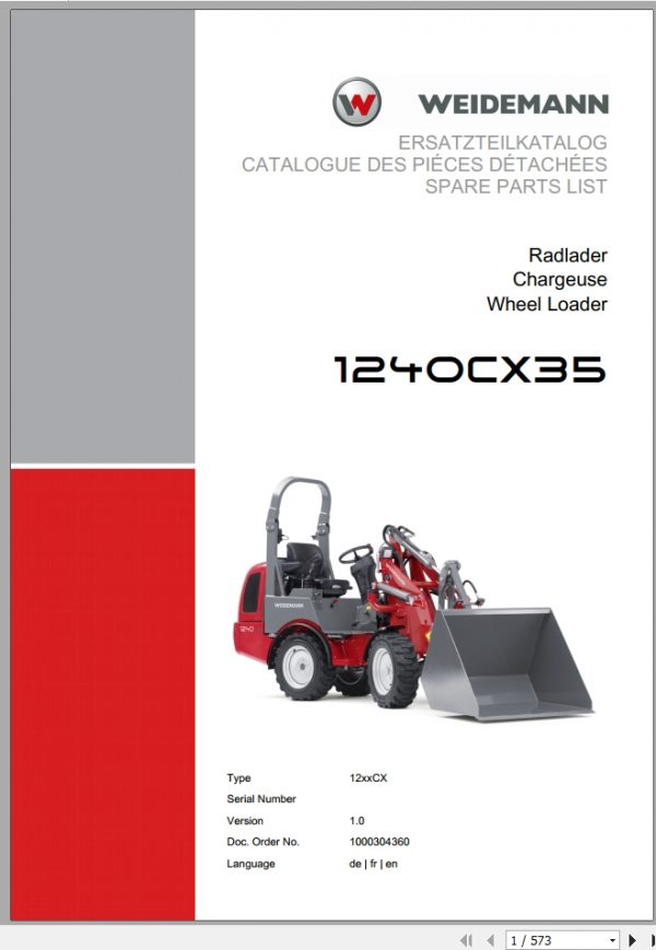 Weidemann Wheel Loader 1240CX35 12xxCX 1.0 Spare Parts List DEFREN 1