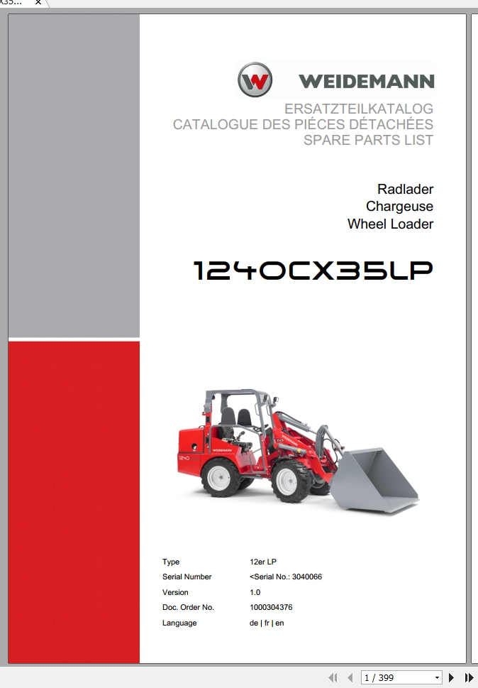 Weidemann Wheel Loader 1240CX35LP 12erLP 1.0 Spare Parts List DEFREN 1