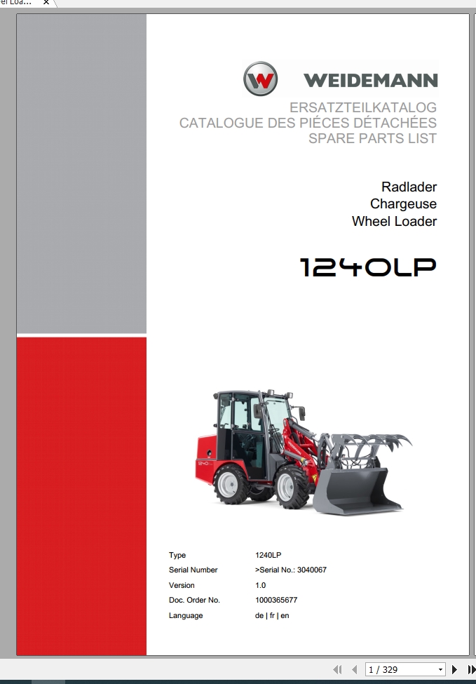 Weidemann Wheel Loader 1240LP 1.0 Spare Parts List DEFREN 1