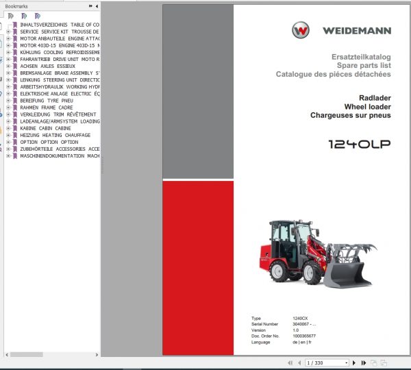 Weidemann Wheel Loader 1240LP 1240CX 1.0 Spare Parts List DEFREN 1