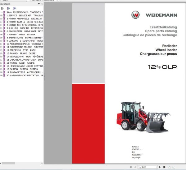 Weidemann Wheel Loader 1240LP 1240CX 1.0 Spare Parts List ENDEFR 1
