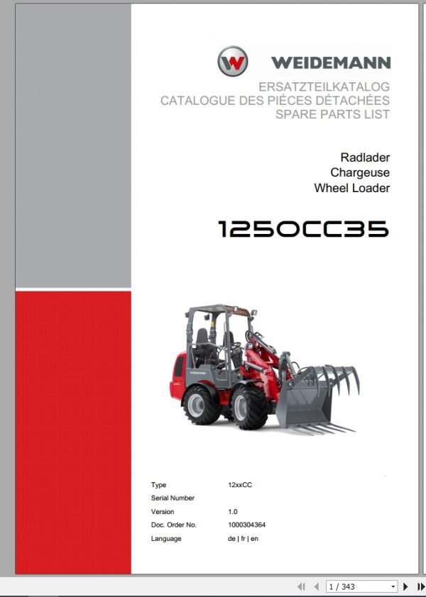 Weidemann Wheel Loader 1250CC35 12xxCC 1.0 Spare Parts List DEFREN 1