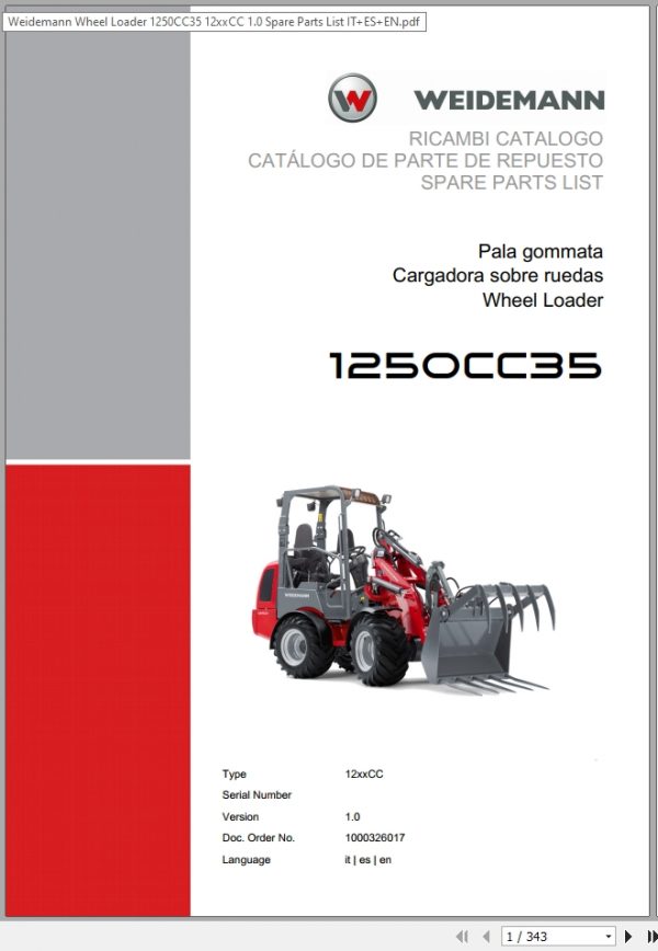 Weidemann Wheel Loader 1250CC35 12xxCC 1.0 Spare Parts List ITESEN 1