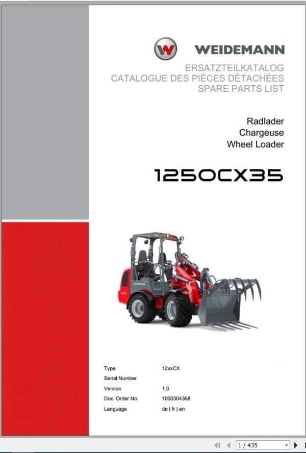 Weidemann Wheel Loader 1250CX35 12xxCX 1.0 Spare Parts List DEFREN 1