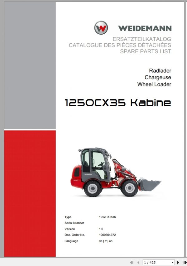 Weidemann Wheel Loader 1250CX35 Kabine 12xxCX Kab 1.0 Spare Parts List DEFREN 1