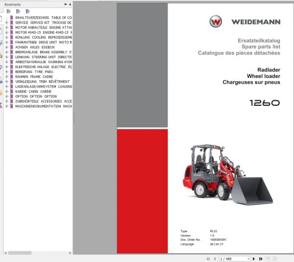 Weidemann Wheel Loader 1260 RL22 1.0 2019 Spare Parts List DEFREN 1