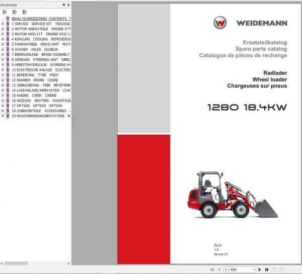 Weidemann Wheel Loader 1280 RL24 184KW 1.0 Spare Parts List ENDEFR 1